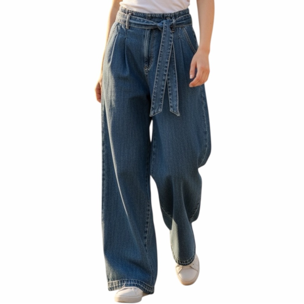 Zara Woman’s High Rise Paperbag Waist Wide Leg Jeans Medium Wash w/ Belt Size 8